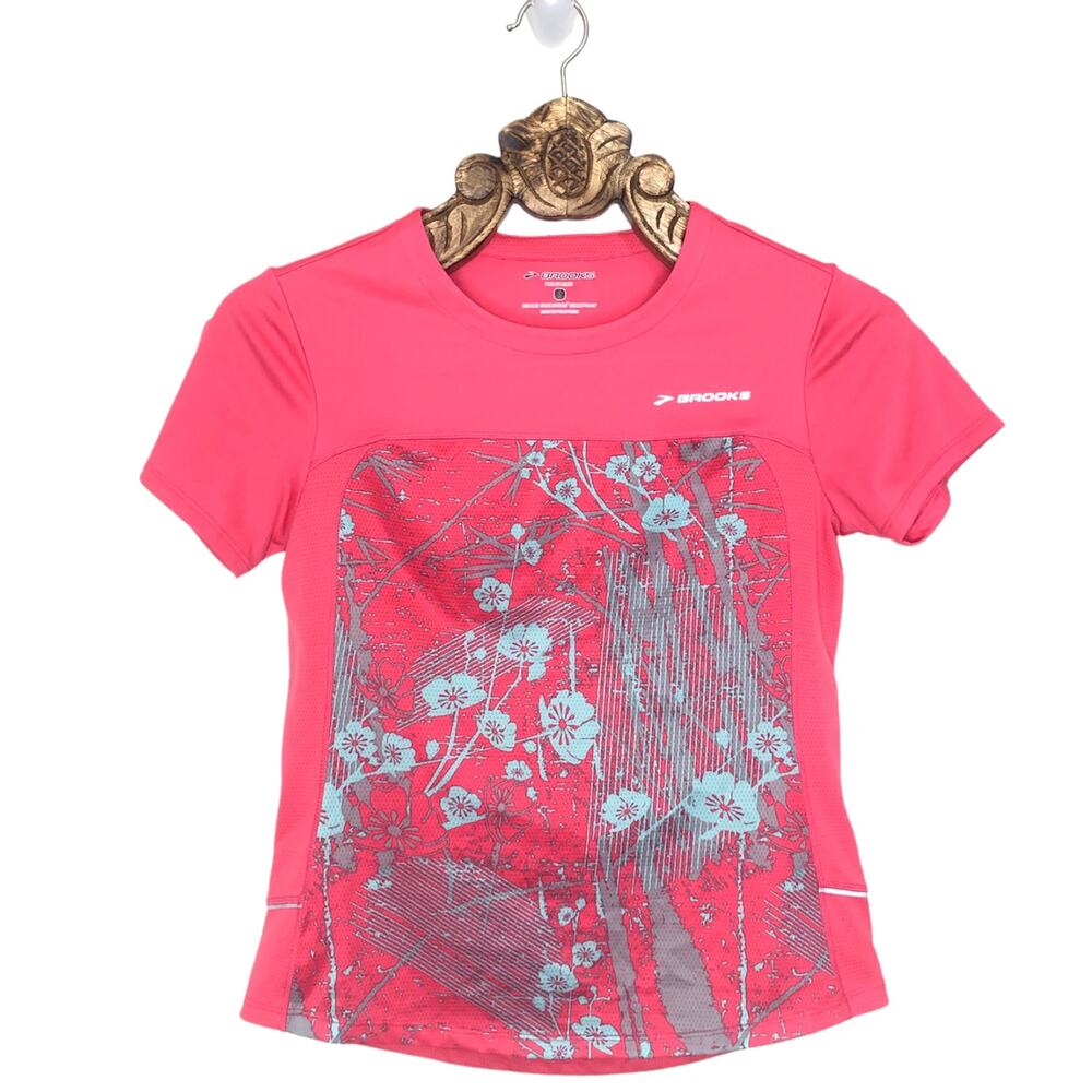 Brooks Athletic Top Pink Floral Graphic Stripe Pattern Short Sleeve Tee Small
